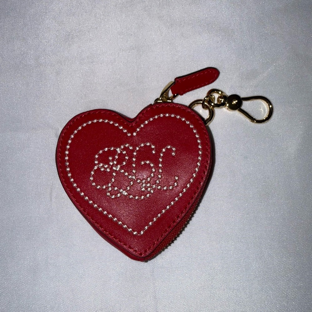 Lauren Ralph Lauren Logo Leather Heart Pouch Keychain Coin Purse Bag Charm Red
